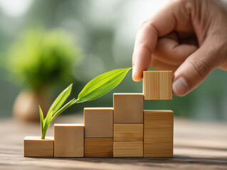 Building blocks and plant sprout symbolize growth and sustainable progress