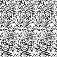 black and white flower repeated print pattern on white background