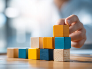 Building blocks stacked in ascending order by hand, concept of growth.