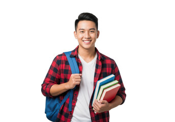 Young asian male student with a backpack and books smiling confidently isolated on transparent background