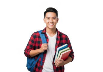 Young asian male student with a backpack and books smiling confidently isolated on transparent background