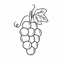 Simple black and white illustration of a grape bunch with leaves. Perfect for coloring pages, fruit-themed worksheets, educational printables, and children’s art activities.