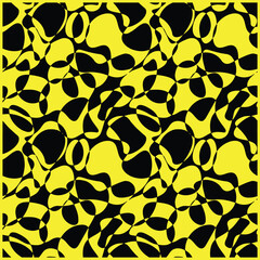 An abstract pattern of black and yellow shapes, featuring fluid, organic forms interspersed with various curves and negative spaces.