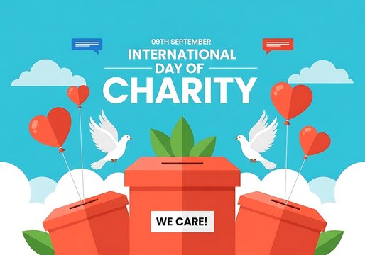 International day of charity illustration with donation boxes and doves