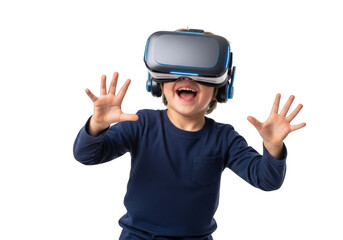 Excited young child wearing a virtual reality headset with hands raised in amazement isolated on transparent background