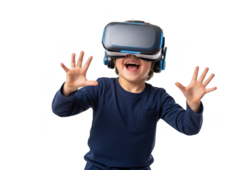 Excited young child wearing a virtual reality headset with hands raised in amazement isolated on transparent background