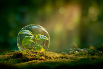 A sustainable future concept featuring green plants and eco friendly energy in nature. Symbols of growth, the environment, and renewable life.
