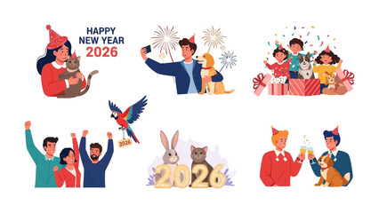 New Year's Celebration Collage: A vibrant collage capturing the spirit of a new year, showcasing diverse individuals joyfully celebrating with pets and fireworks.