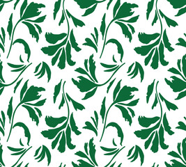 Repeating pattern of stylized green leaves on a white background, creating a fresh, botanical design.