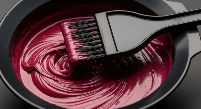 Vibrant magenta hair dye with brush in mixing bowl on dark background