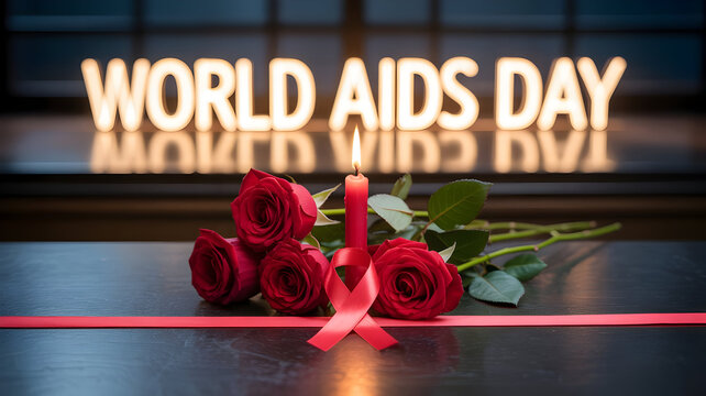 Remembering World AIDS Day with roses, a ribbon, and candle for awareness effort