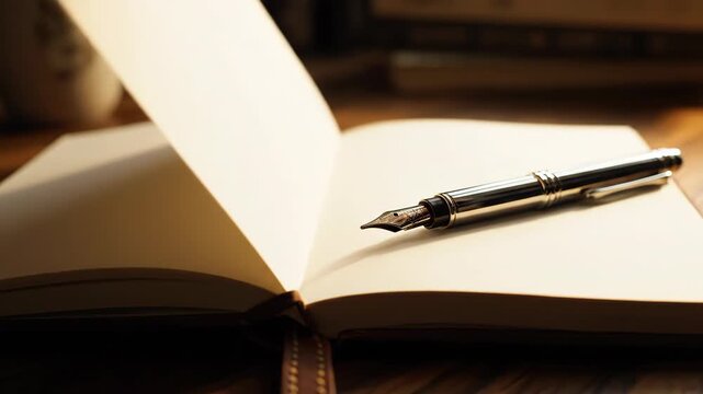 Metal fountain pen resting on open, blank journal pages with soft lighting