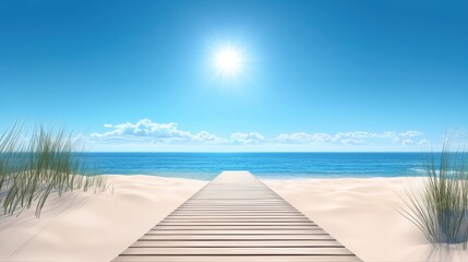 Fototapeta premium artistic Digital painting of a boardwalk leading to the ocean under a bright summer sky.