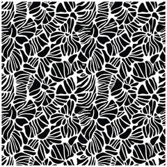 Black and white design with a repeating floral motif, highlighting different flower shapes.