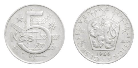 Former Czechoslovakia Koruny currency 5 Kcs coin from 1968,with industrial symbols and national lion emblem, shown in sharp detail for numismatic, historical, and collectible reference.