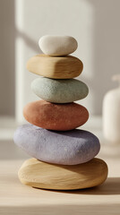 Stack of balanced smooth stones and wood pieces with soft light and shadow
