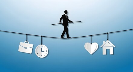 Businessman balancing on a tightrope with symbols of work, time, love, and home hanging below
