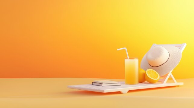 artistic Minimalist digital illustration of a sun hat, lemonade, and book on a beach chair.