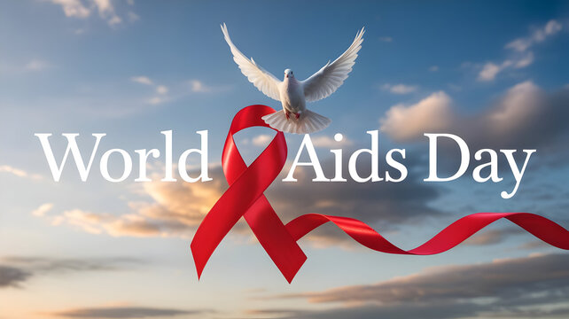 Show your support for World AIDS Day with red ribbon and dove against sky backdrop