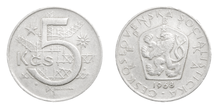 Former Czechoslovakia Koruny currency 5 Kcs coin from 1968,with industrial symbols and national lion emblem, shown in sharp detail for numismatic, historical, and collectible reference.