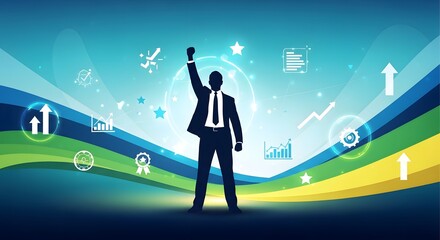 Silhouette of a businessman with his fist raised in triumph, symbolizing success and achievement against a backdrop of digital graphics and upward trends