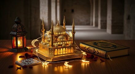 Golden mosque model with quran and lantern, symbolizing islamic culture and ramadan celebration