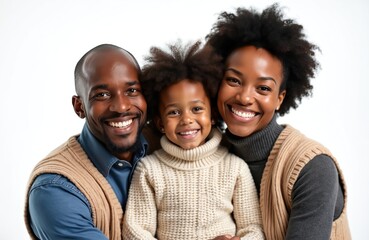 Happy african american family parents, daughter posing together for portrait photo. Parents embrace their child smiling warmly in casual winter clothes. They look joyful, loving in studio setting.