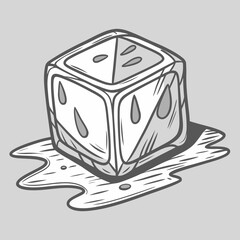 Melting ice cube with water droplets and shadow on a gray background