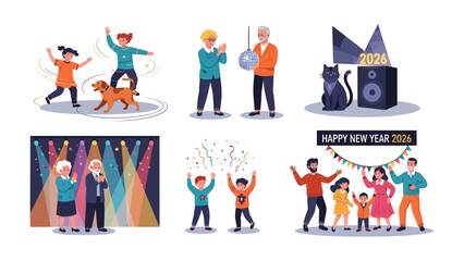 Obraz premium New Year Celebration: Set of illustrations. featuring a family party, New Year theme party, dancing with a pet. expressing joy and family gathering.