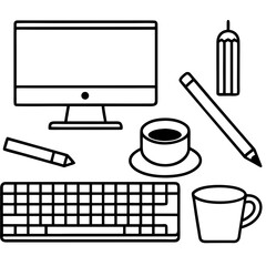 Workstation setup with computer, keyboard, and coffee