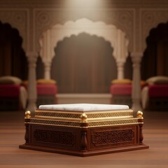 An ornate, richly decorated wooden and golden throne or display pedestal sits in a dimly lit, opulent room with arched doorways and ornate pillars