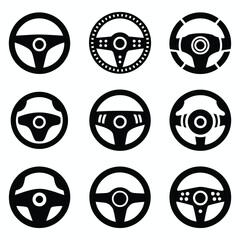 Car Steering wheels icon set, isolated on white background, vector Illustration, Nine black steering wheel icons on white background