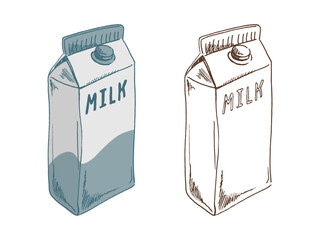 Hand drawn vintage sketch of milk carton in color and monochrome version, isolated vector illustration
