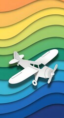 A white airplane with a propeller flying over a colorful wavy background, symbolizing travel and adventure