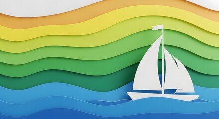 A white sailboat with full sails glides across a blue wavy ocean under a vibrant rainbow sky made of layered paper waves