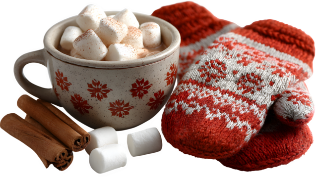 Cozy red mittens with snowflakes pattern resting beside a cup of steaming hot chocolate, sprinkled marshmallows and cinnamon stick isolated on white background