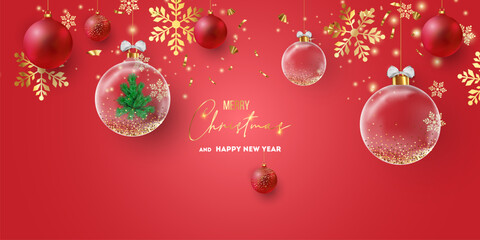 Merry Christmas and Happy New Year background for Greeting cards with tree Branches christmas tree gold paper and gold stars. Merry Christmas vector text Calligraphic Lettering Vector illustration