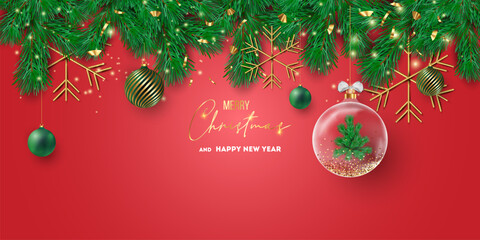 Merry Christmas and Happy New Year background for Greeting cards with tree Branches christmas tree gold paper and gold stars. Merry Christmas vector text Calligraphic Lettering Vector illustration