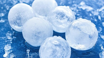Refreshing Spherical Ice Cubes on Icy Blue Surface