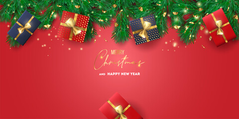Merry Christmas and Happy New Year background for Greeting cards with tree Branches christmas tree gold paper and gold stars. Merry Christmas vector text Calligraphic Lettering Vector illustration