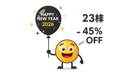 Emoji Announce Discount and New Year : A joyful emoji character gleefully announces an exciting discount offer in celebration of the New Year, conveying a message of festivity, savings, and optimism.