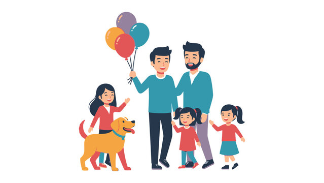 Family Celebration: A loving family, including parents, children, and a friendly dog, gathers together, holding balloons that represent joy. A heart warming scene of unity and togetherness.