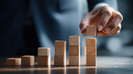 Building growth with wooden blocks by a person in a suit, representing progress