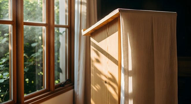 Warm sunlight through wooden window illuminating a fabric-draped lectern - Powered by Adobe