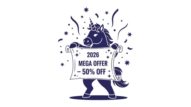 Mega Offer Unicorn: A charming unicorn presents a scroll bearing a mega offer, embodying magical deals and fantastic discounts.