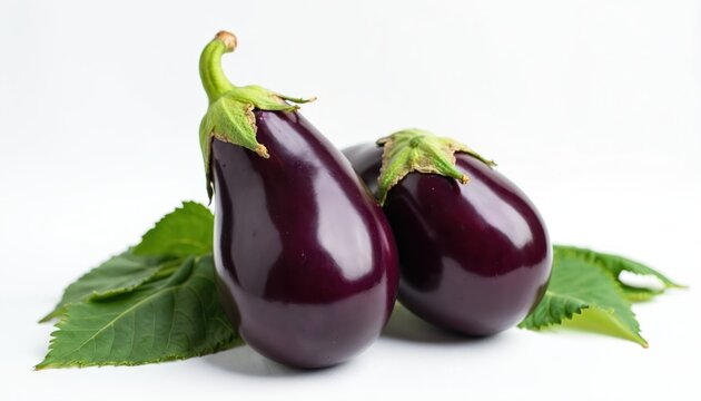 Two fresh eggplants with green leaves rest against white backdrop. Healthy organic vegetables for cooking. Perfect image for vegetarian nutrition blogs or recipe books.