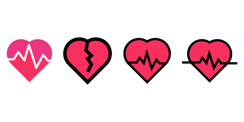 Set of Four Heart Icons Healthy Pulse Broken Heart and Flatline ECG for Cardiology or Relationship Concepts