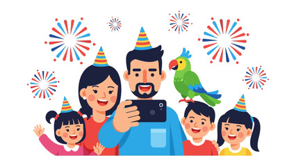 Family Celebration: A joyous family, united in celebration, takes a cheerful photo, complete with festive hats, a vibrant parrot, and colorful fireworks, symbolizing togetherness and shared happiness.
