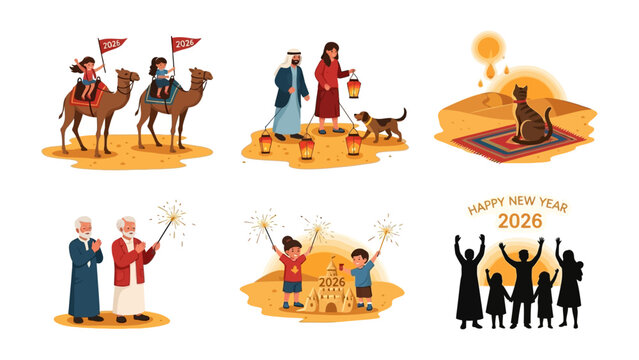 Cultural Celebration Set: a collection of illustrations depicting a new year and religious event with people and animals. 