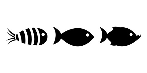 Three Black Fish Silhouettes in a Row Showing Evolution or Food Chain Concept